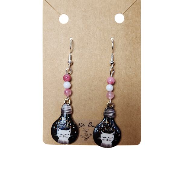 Handmade Cat Lightbulb Earrings with Pink and White Jade Beads | Lightweight - Picture 4 of 6